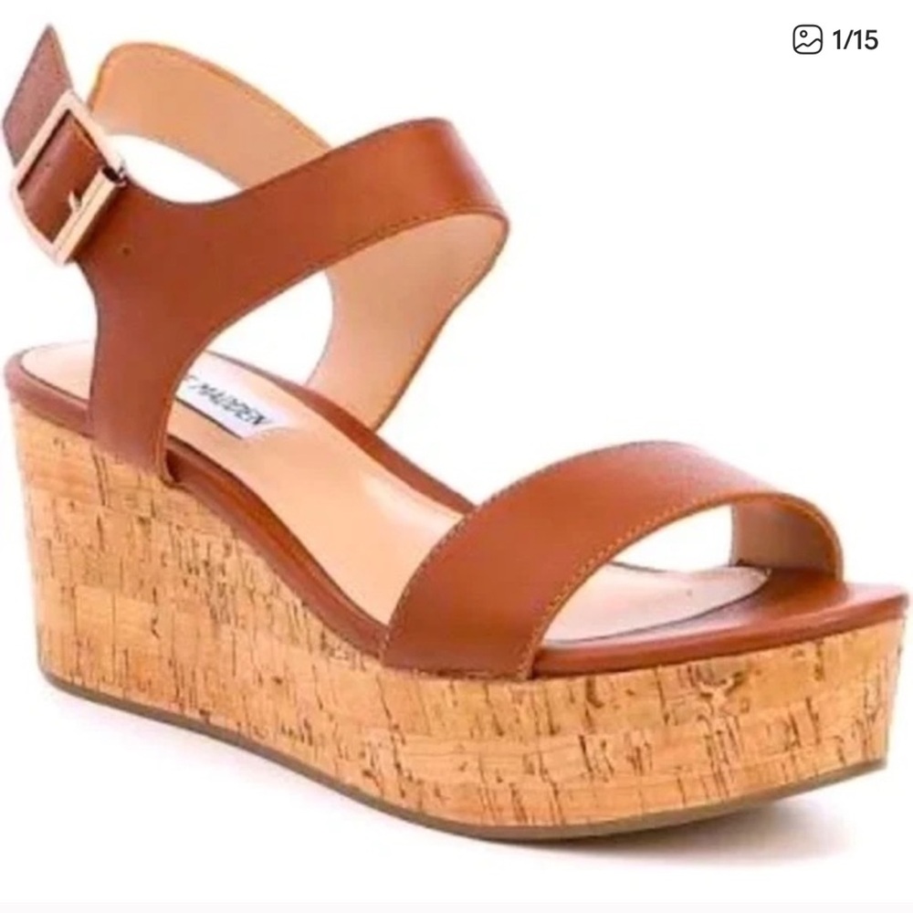 Steve Madden Breathe Cognac Leather Cork Wedge Sandals